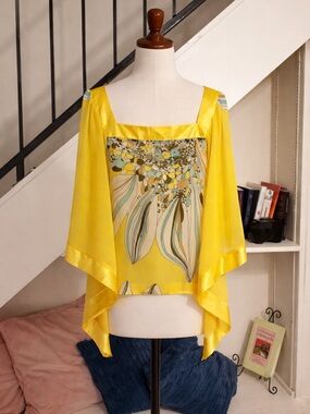Kaelyn Max II Yellow Chiffon Blouse 1X Flowy Boho Peekaboo Shoulder Top - Sheer